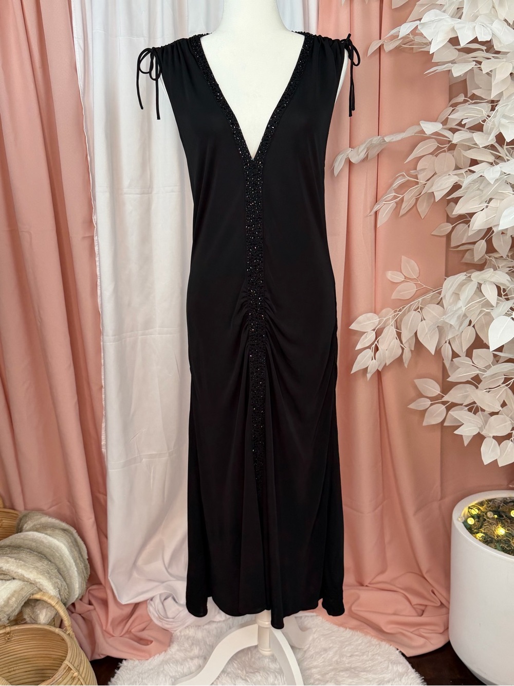 Kenneth Cole New York Black Beaded Ruched Maxi Dress Size XL Deep V-Neck